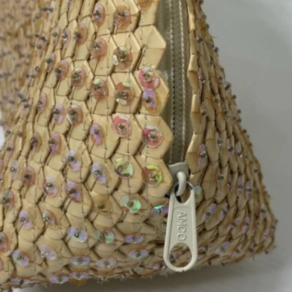 Vintage Handbag Woven Bamboo Wood Handle Sequins Handmade Bag Hand Crafted Purse